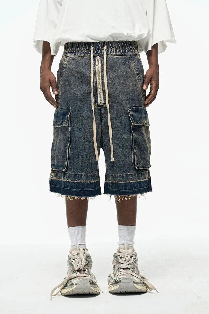 Rugged Denim Shorts with Frayed Hem