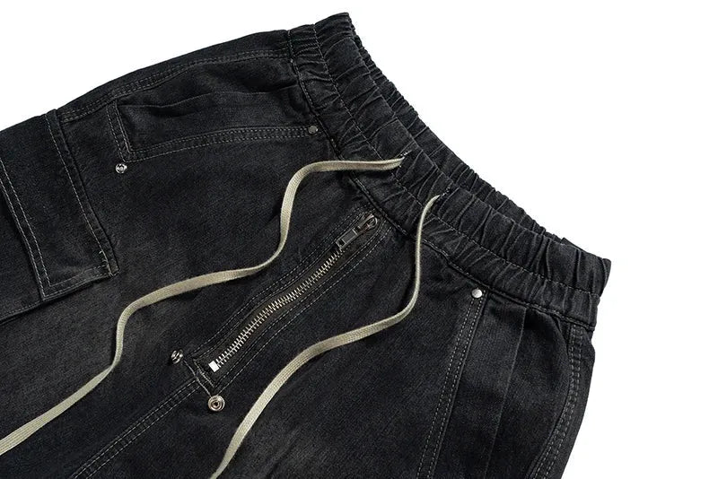 Rugged Denim Shorts with Frayed Hem Zip and Waistline Details