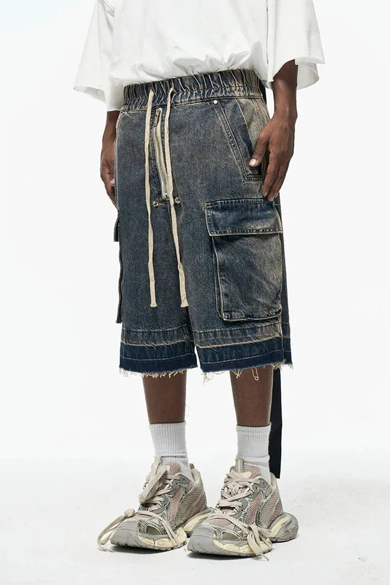 Rugged Denim Shorts with Frayed Hem