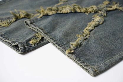 Frayed Edge Cross Stitch Flared Denim Jeans - Hem Details