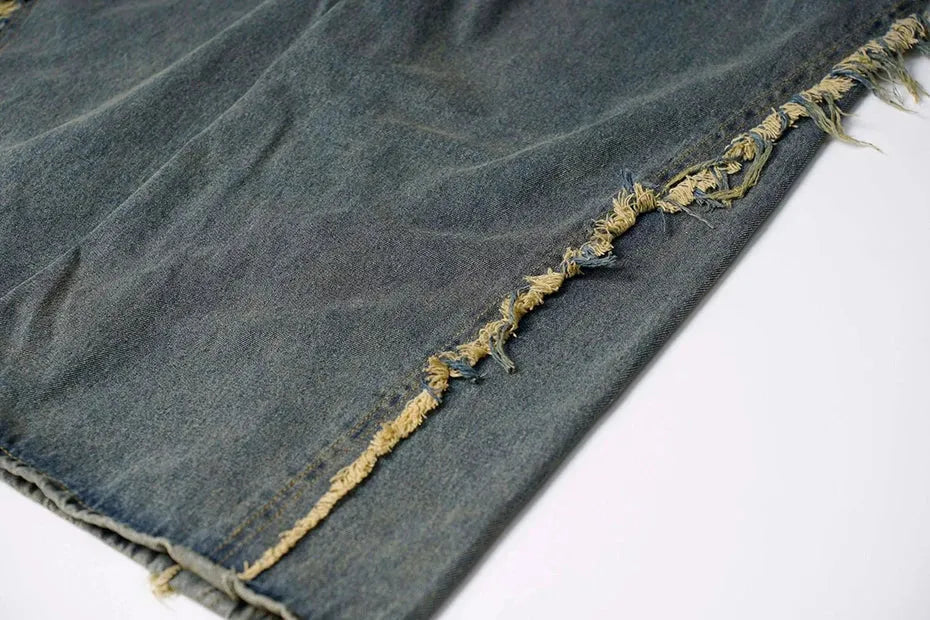 Frayed Edge Cross Stitch Flared Denim Jeans - Side Details