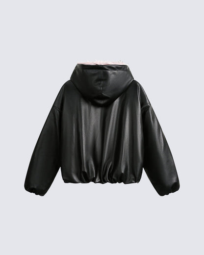 PU Leather Fur Collar Hooded Jacket