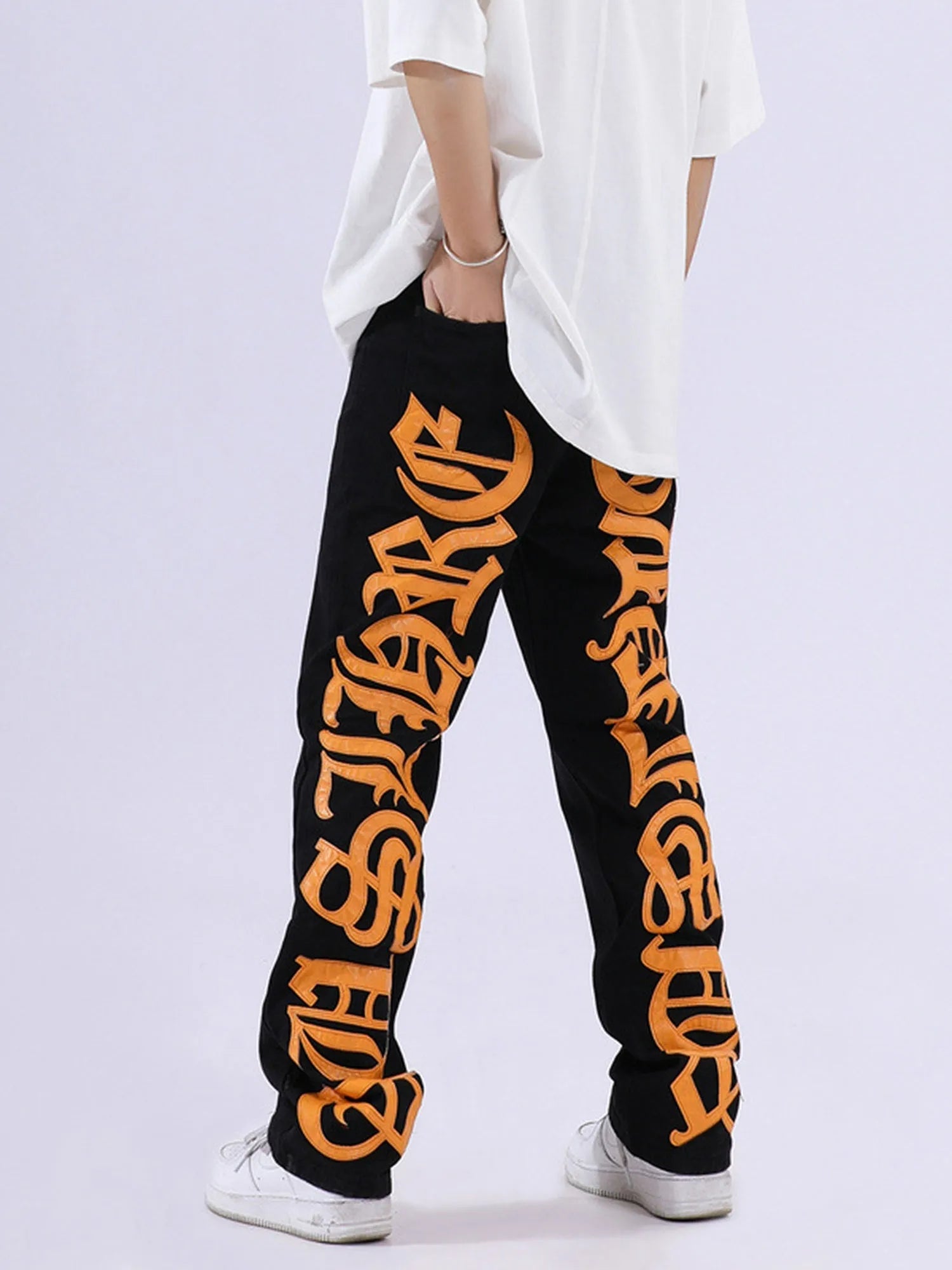 Burning Text Embroidered Letter Jeans