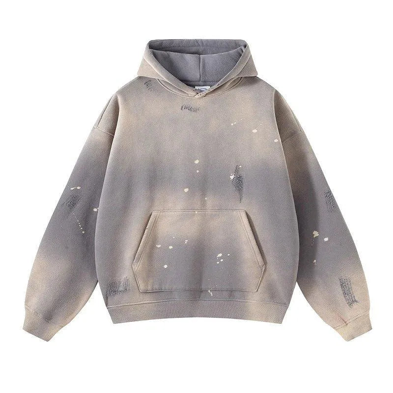 Ink-Splashed Damaged Heavy Hoodie Spray Dye Grey - Keystreetwear