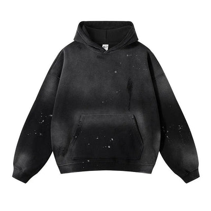 Ink-Splashed Damaged Heavy Hoodie Spray Dye Black - Keystreetwear