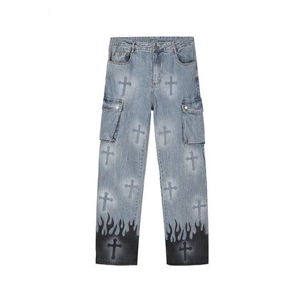 Light Wash Gothic Print Cargo Jeans