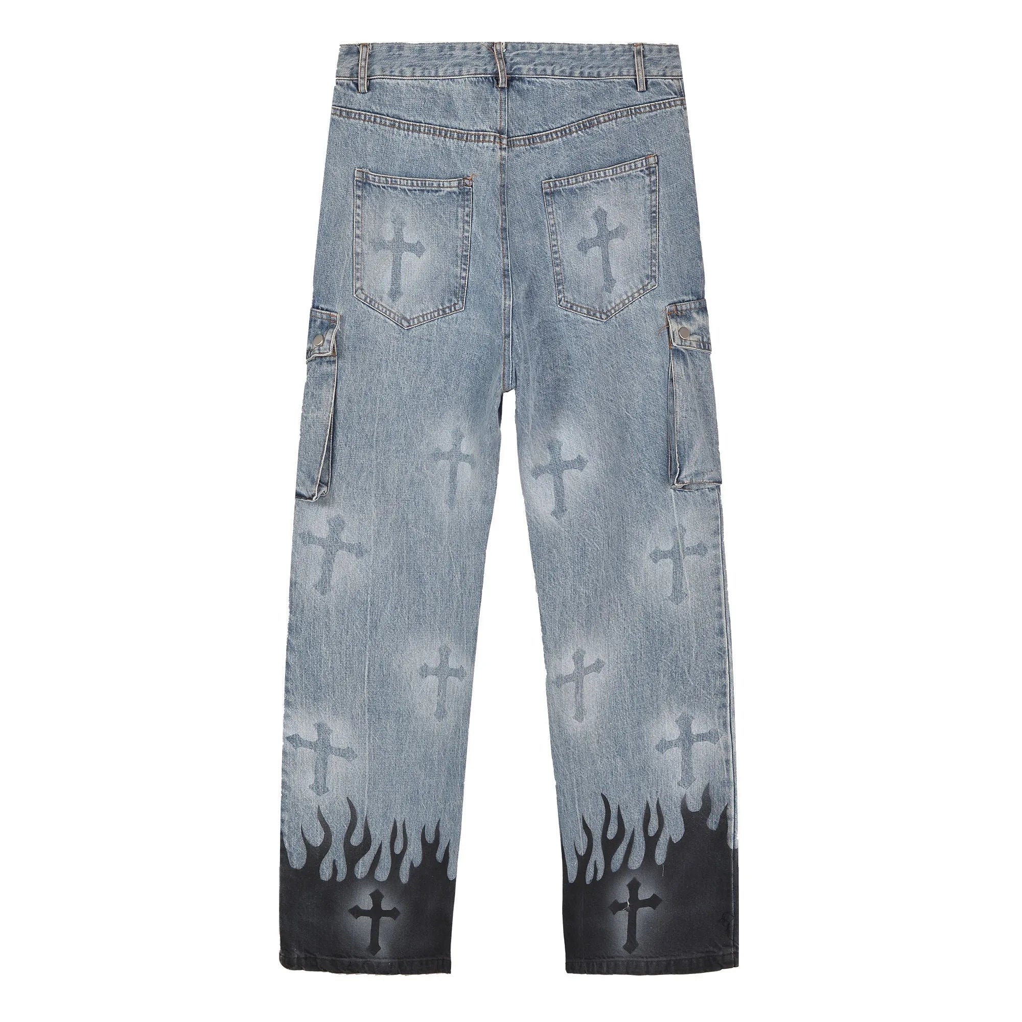 Light Wash Gothic Print Cargo Jeans