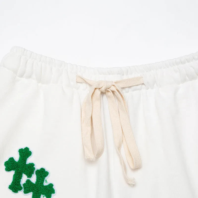 Flex Sweat Shorts with Green Cross Embroidery Detail White