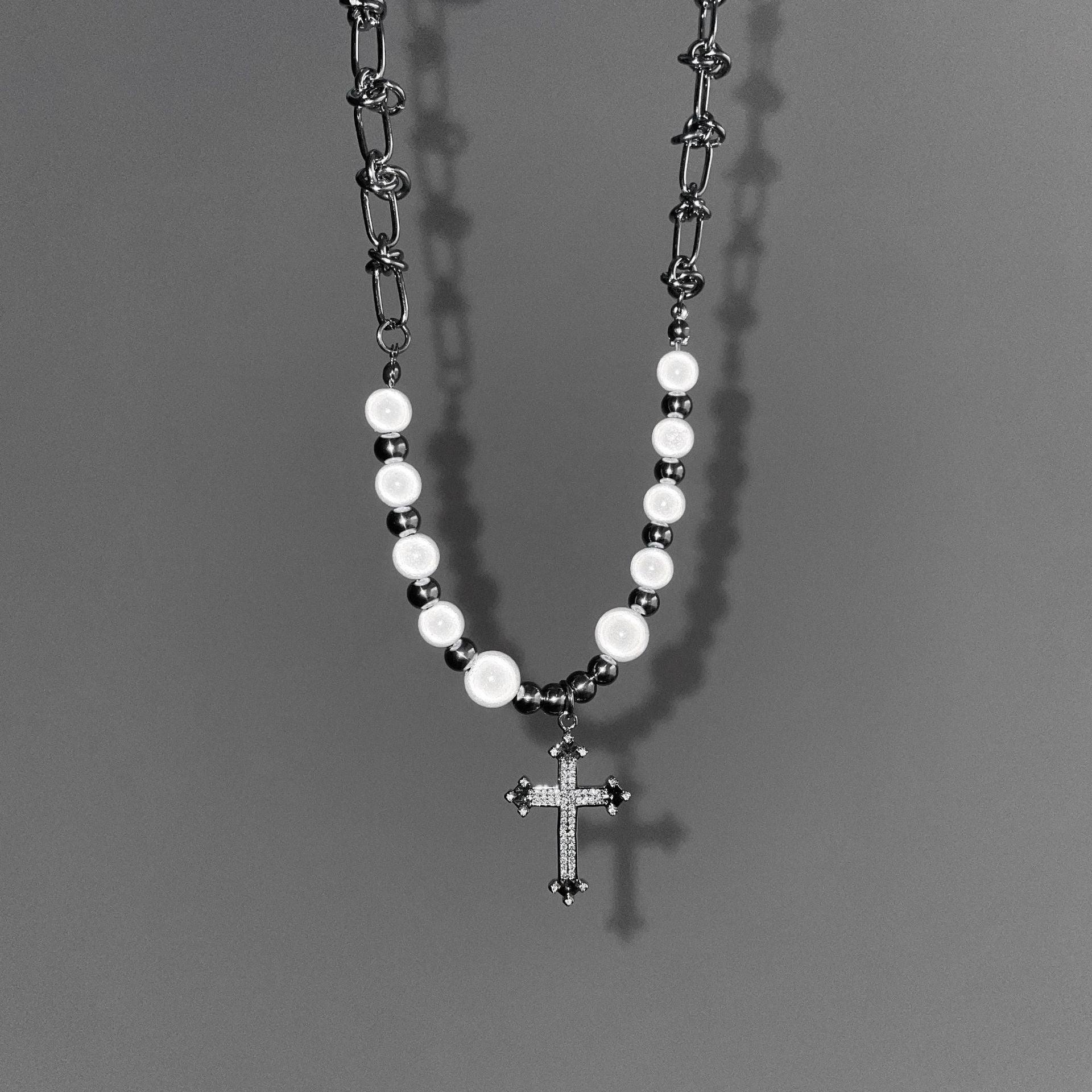 Reflective Pearl Cross Necklace - Keystreetwear