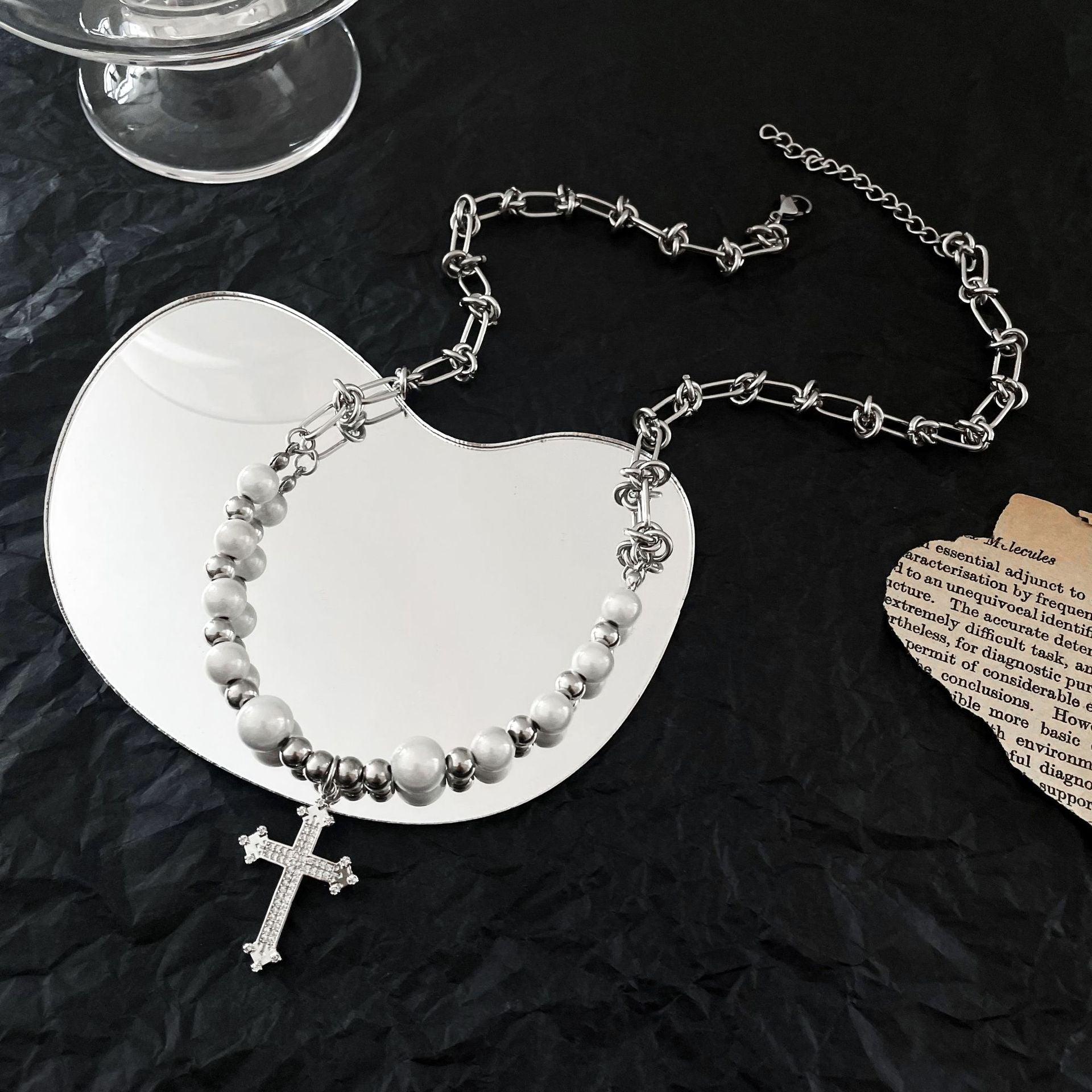 Reflective Pearl Cross Necklace - Keystreetwear