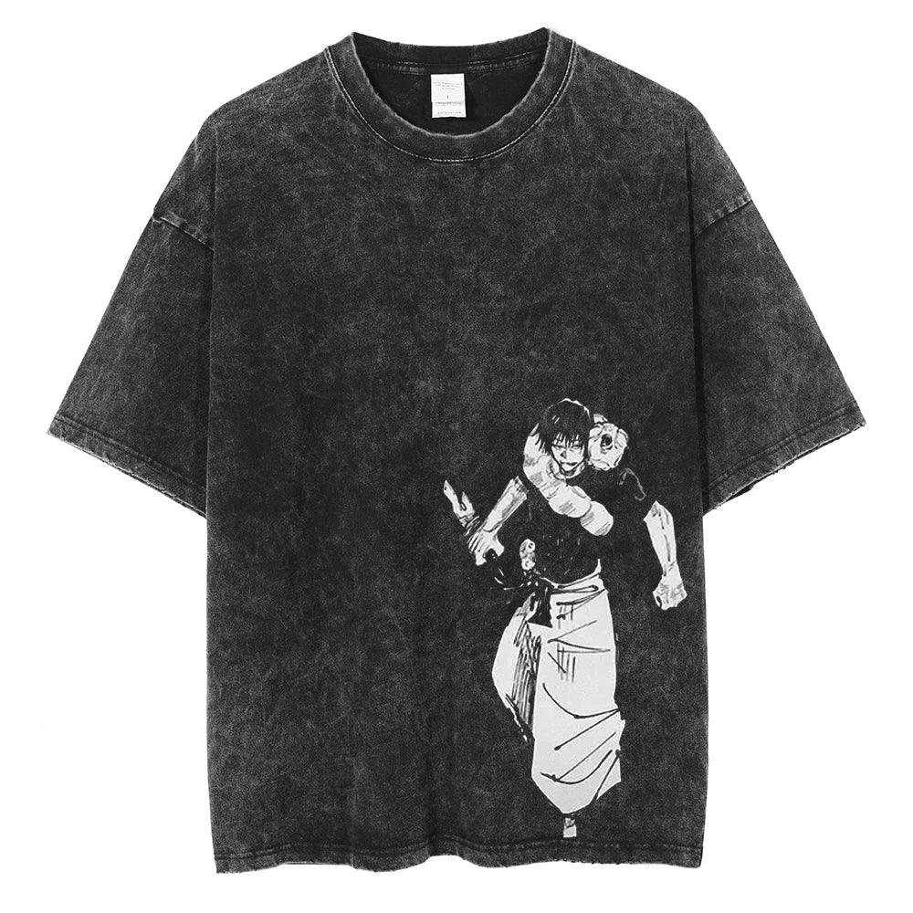 Toji Fushiguro Black Washed Cotton Tees - Keystreetwear